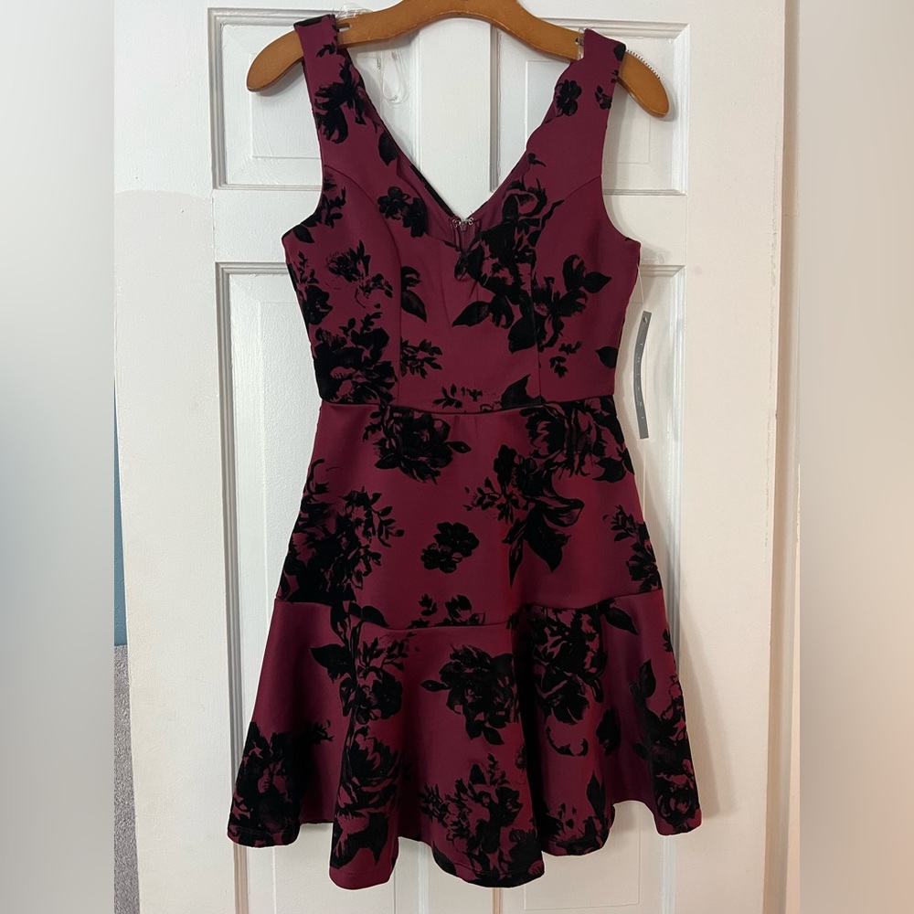 Trixxi Maroon Dress with Black Velvet Floral Accents